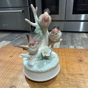 Otagiri Bird Music Box with White and Green Accents. Plays Evergreen